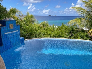 Swimming pool with a waterfall boarded by green shrubs with the blue water of Nail Bay in the background.