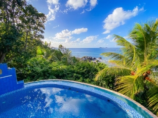 Pool with mosaic tiles bordered by green trees with blue water and the sky dotted with puffy white clouds in the background.
