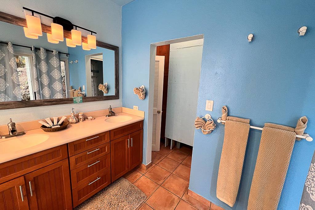 Spacious Sunset Watch Villa bathroom with a double vanity, modern light fixtures, blue walls and tile floors.