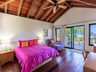 Bellamare Villa: Bedroom Bellamare Villa bedroom with king bed, white walls, natural wood floors, vaulted ceilings and a door leading to a stone patio.