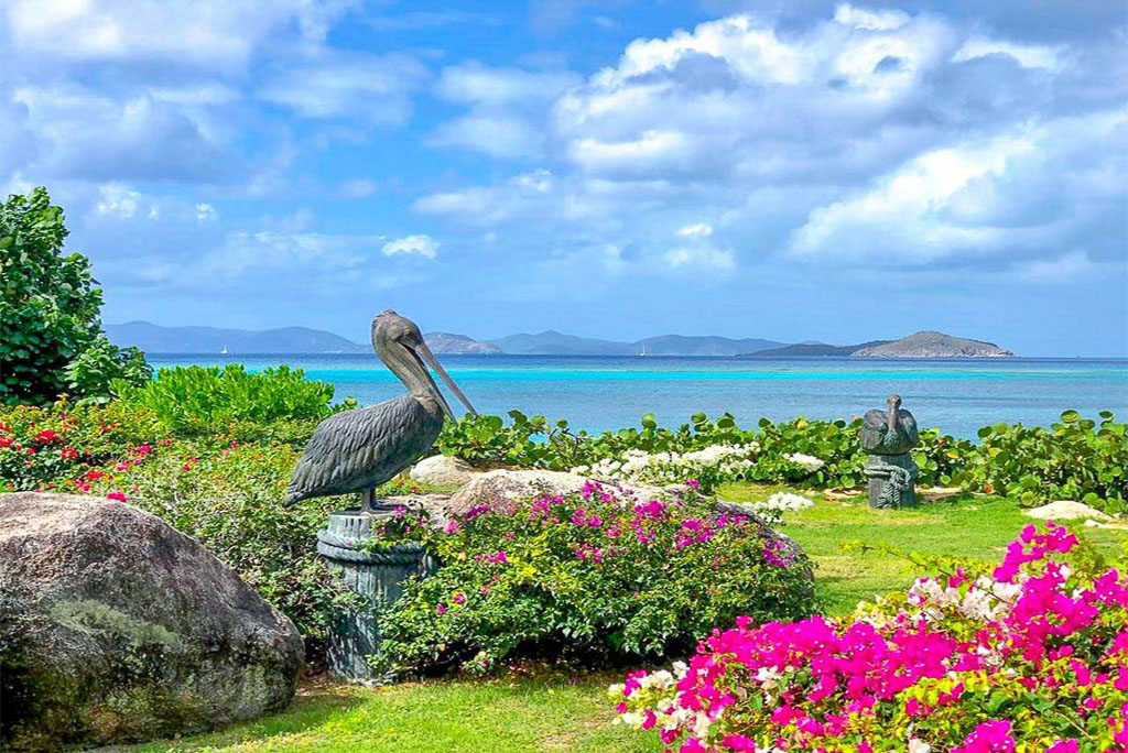 Pelican sculptures in a tropical flower garden with Mahoe Bay, off-shore islands and blue skies in the background.