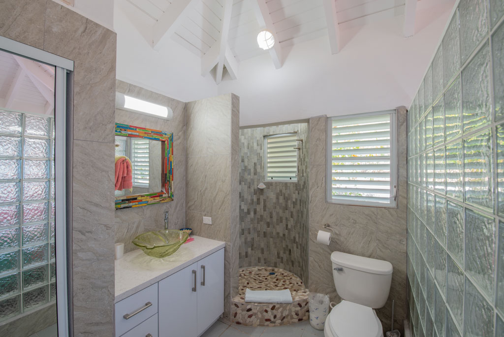 Bathroom with white counters and fixtures, stone and glass walls and a stand-up shower.