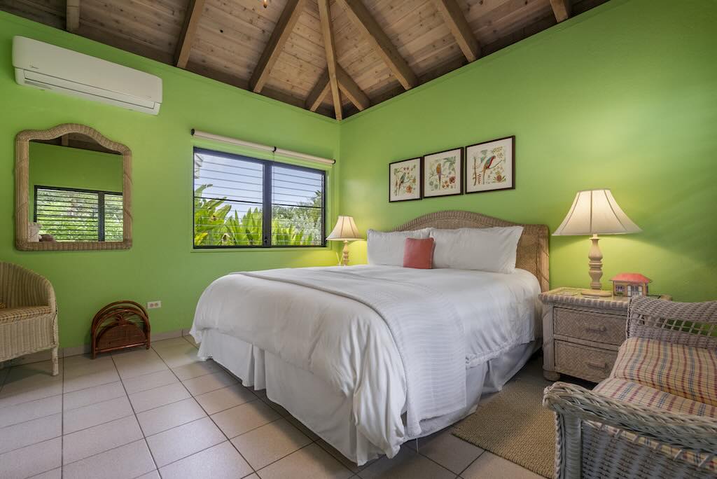 Sandcastle Villa_GuestRoom Sandcastle Villa guest room with a king bed in the middle, light green walls and earth-tone tile floors with a window looking out on the garden.